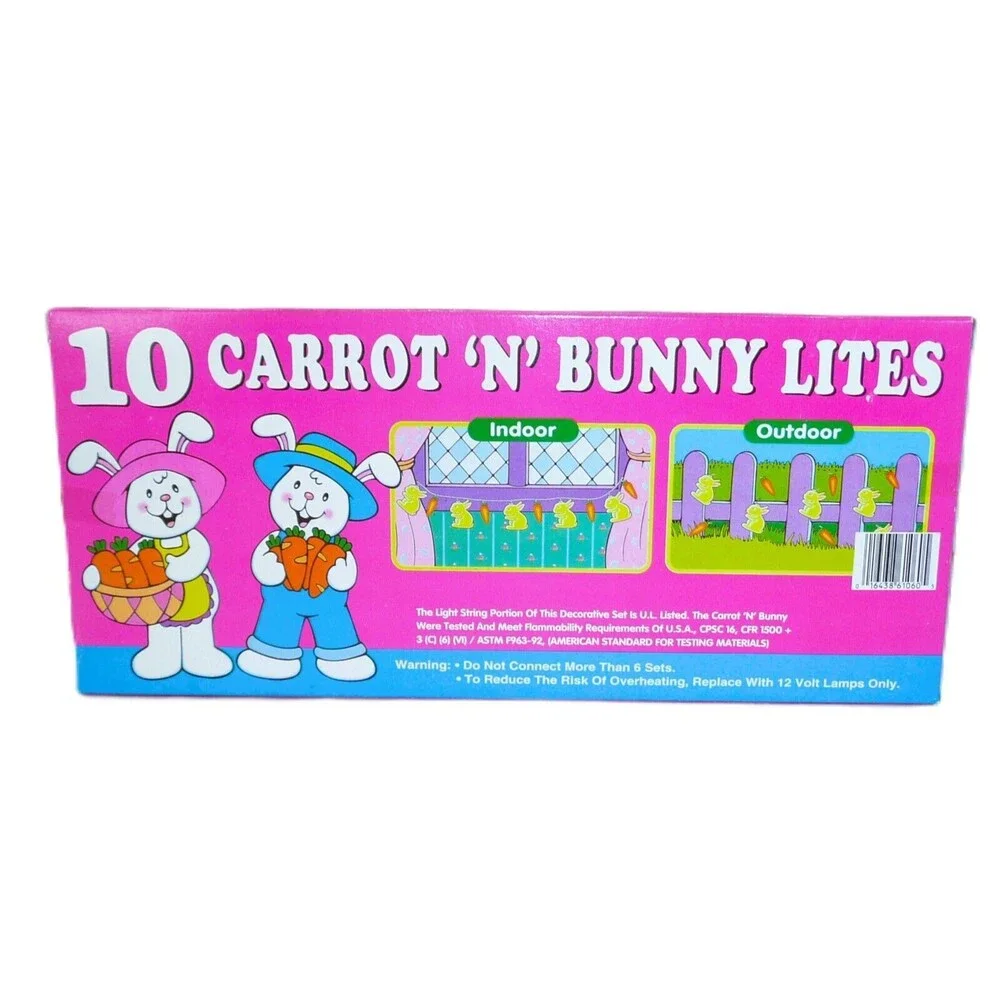 Vintage Easter - Carrot n Bunny 10 Lites Blow Mold String Lights New Old Stock